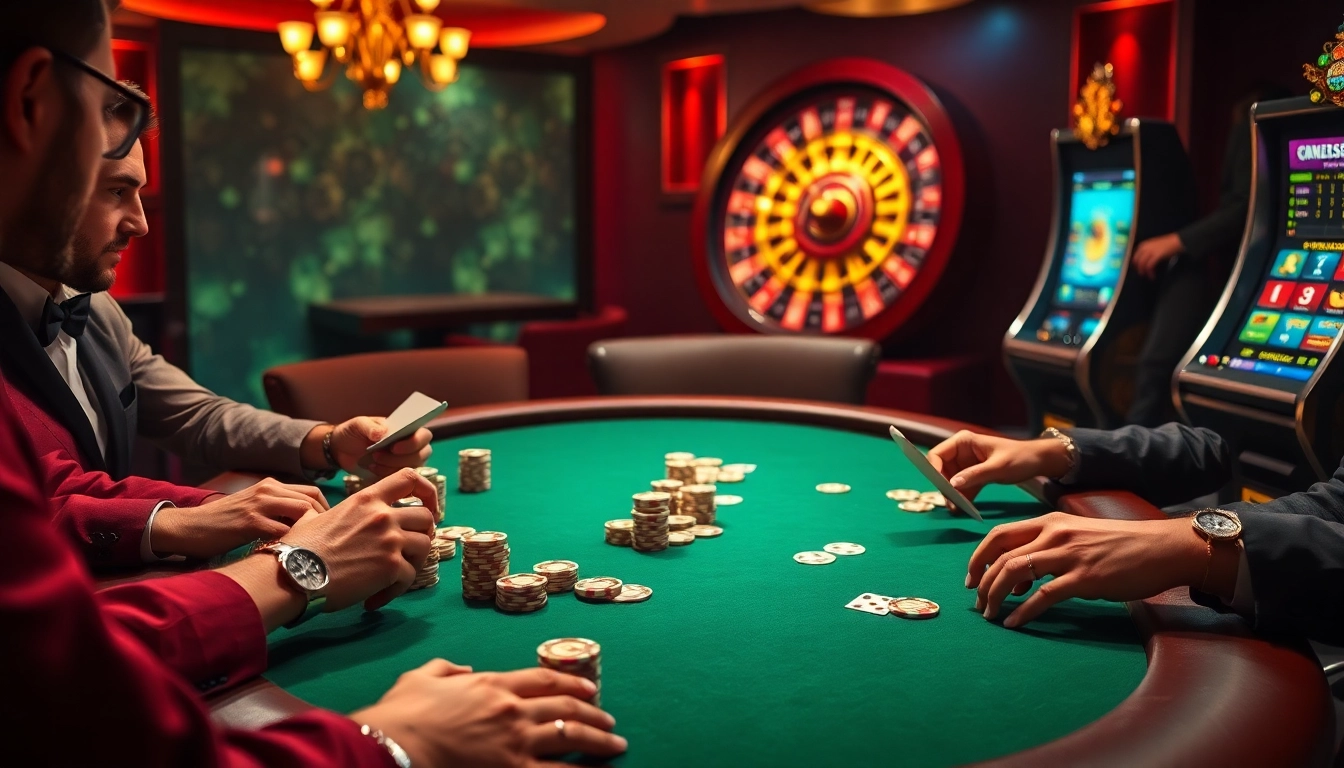 Joueurs élaborant des stratégies à une table de haute mise dans un cadre passionnant de casino en ligne.