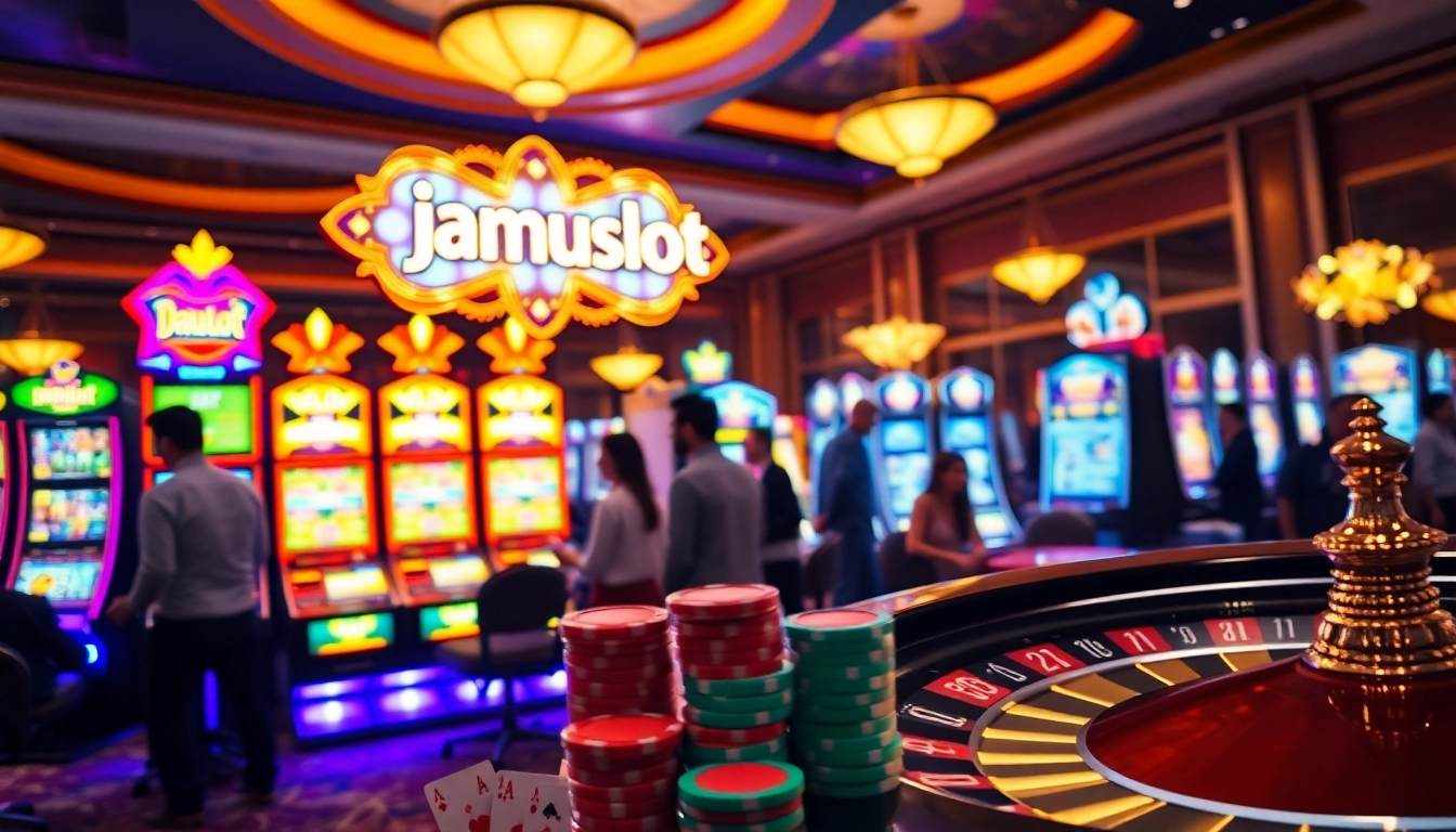 Players experiencing thrilling slot action on jamuslot at a luxurious online casino.