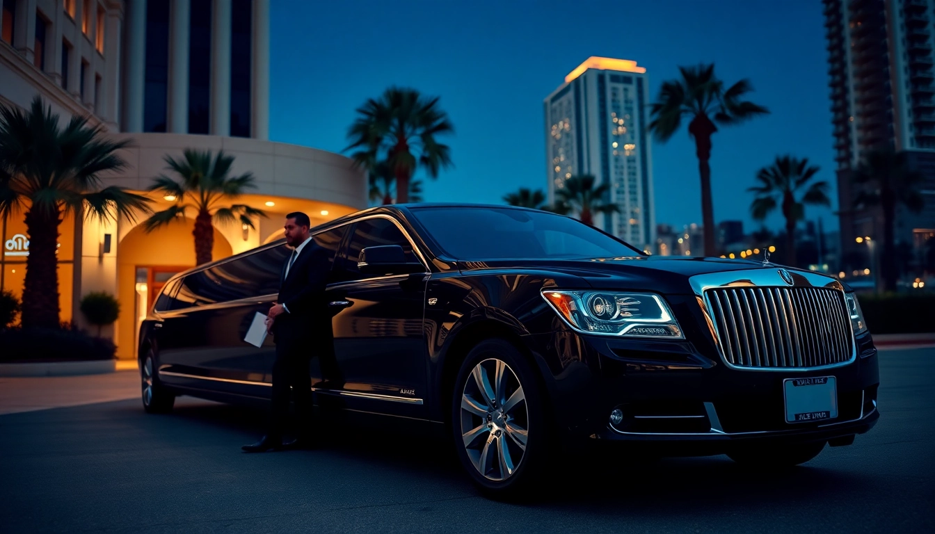 Experience the elegance of an LA Limo parked at a luxury hotel in Los Angeles.