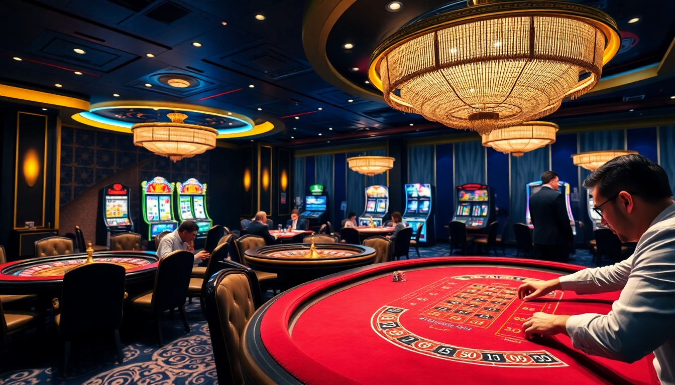 Joueurs engagés en train de développer des stratégies à une table de poker de casino en ligne avec des jetons et des cartes vibrants.