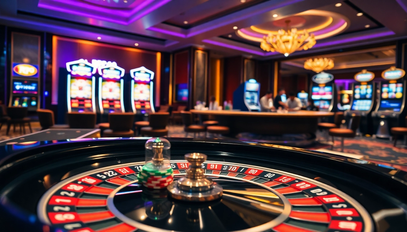 Experience the thrill of RR99 game with vibrant casino scenes featuring roulette and poker tables.