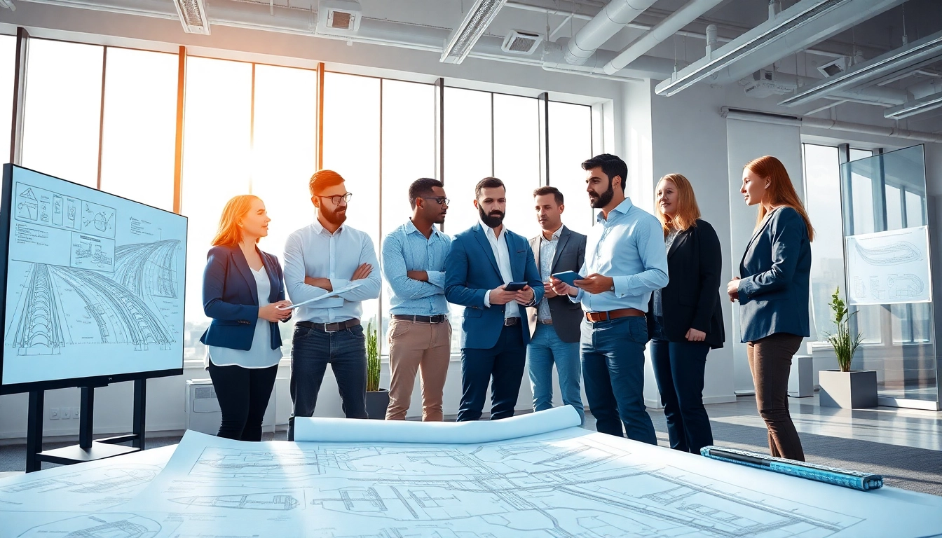 A collaborative scene inside a rail systems company office showcasing innovative engineering designs.