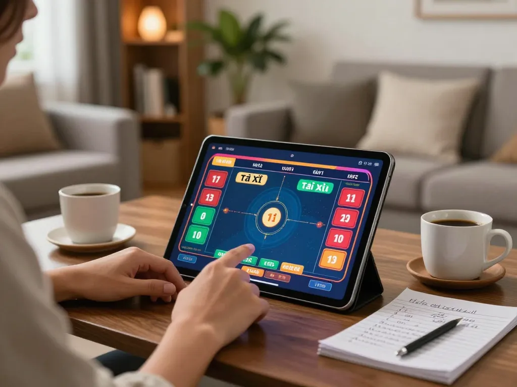 Engaging in tài xỉu online gaming on a tablet, showcasing strategic notes in a cozy home environment.