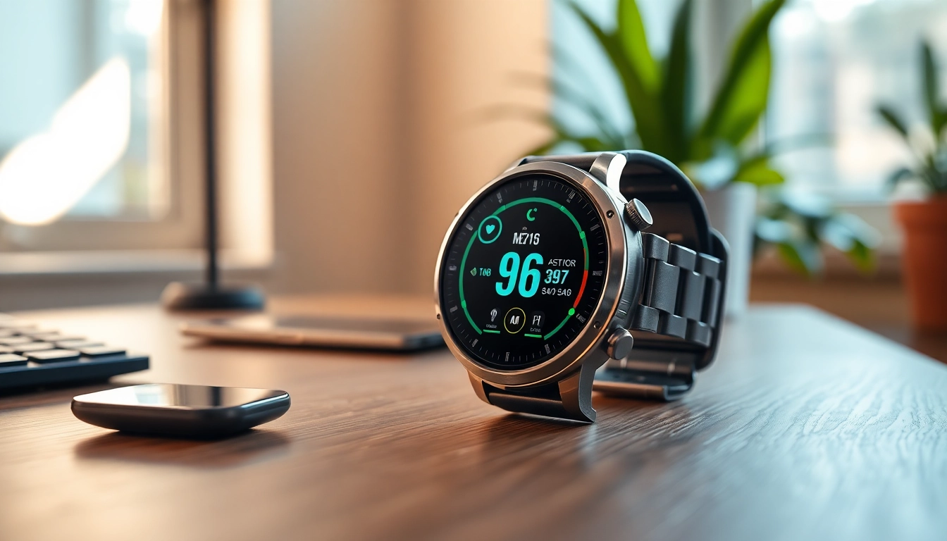 Focus on a Pulse Smart Watch displaying fitness metrics on a stylish desk.