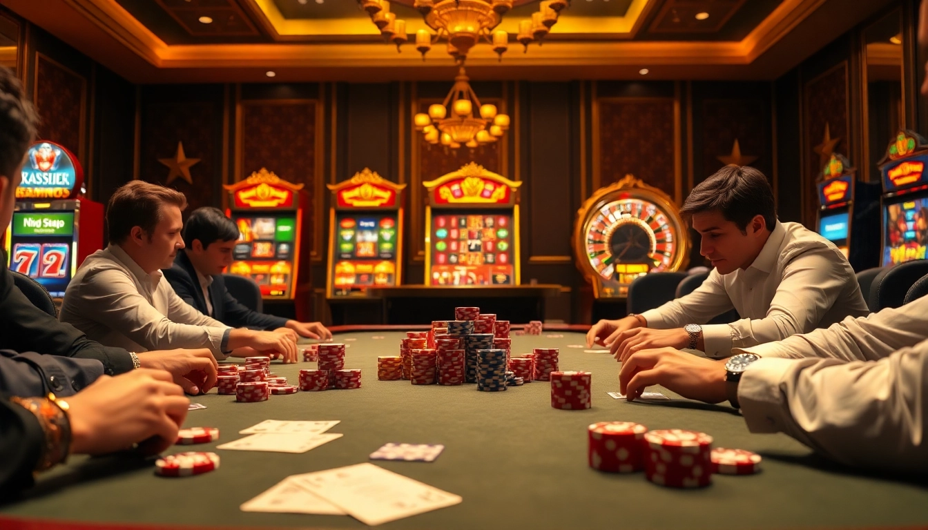 Vivez l'excitation du casino en ligne avec une partie de poker intense représentant des jetons haut de gamme et une roulette.