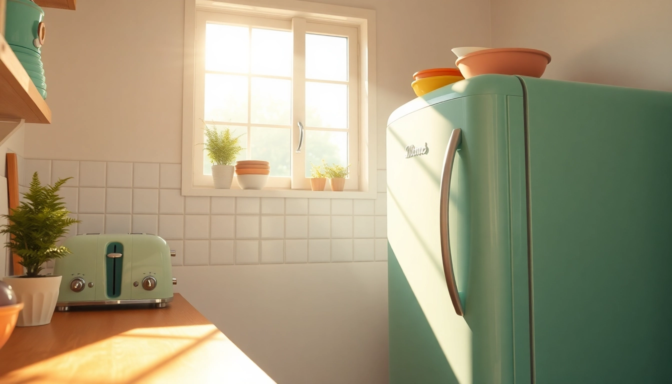 Retro appliance kitchen with a vintage refrigerator and pastel decor, creating a nostalgic atmosphere.