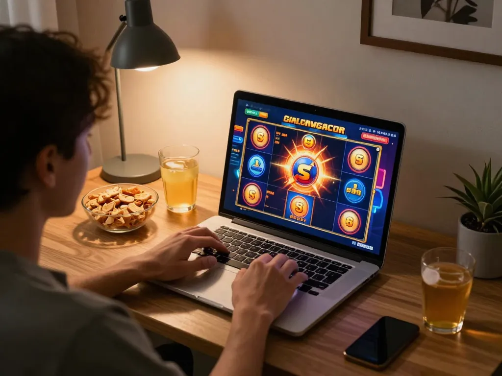 Player enjoying slot gacor games on laptop in a cozy home environment, showcasing dynamic gameplay.