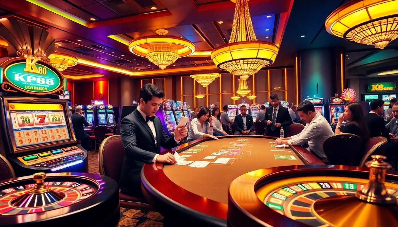 Experience thrilling gameplay at KP88, where players engage at an impressive poker table amidst vibrant casino excitement.