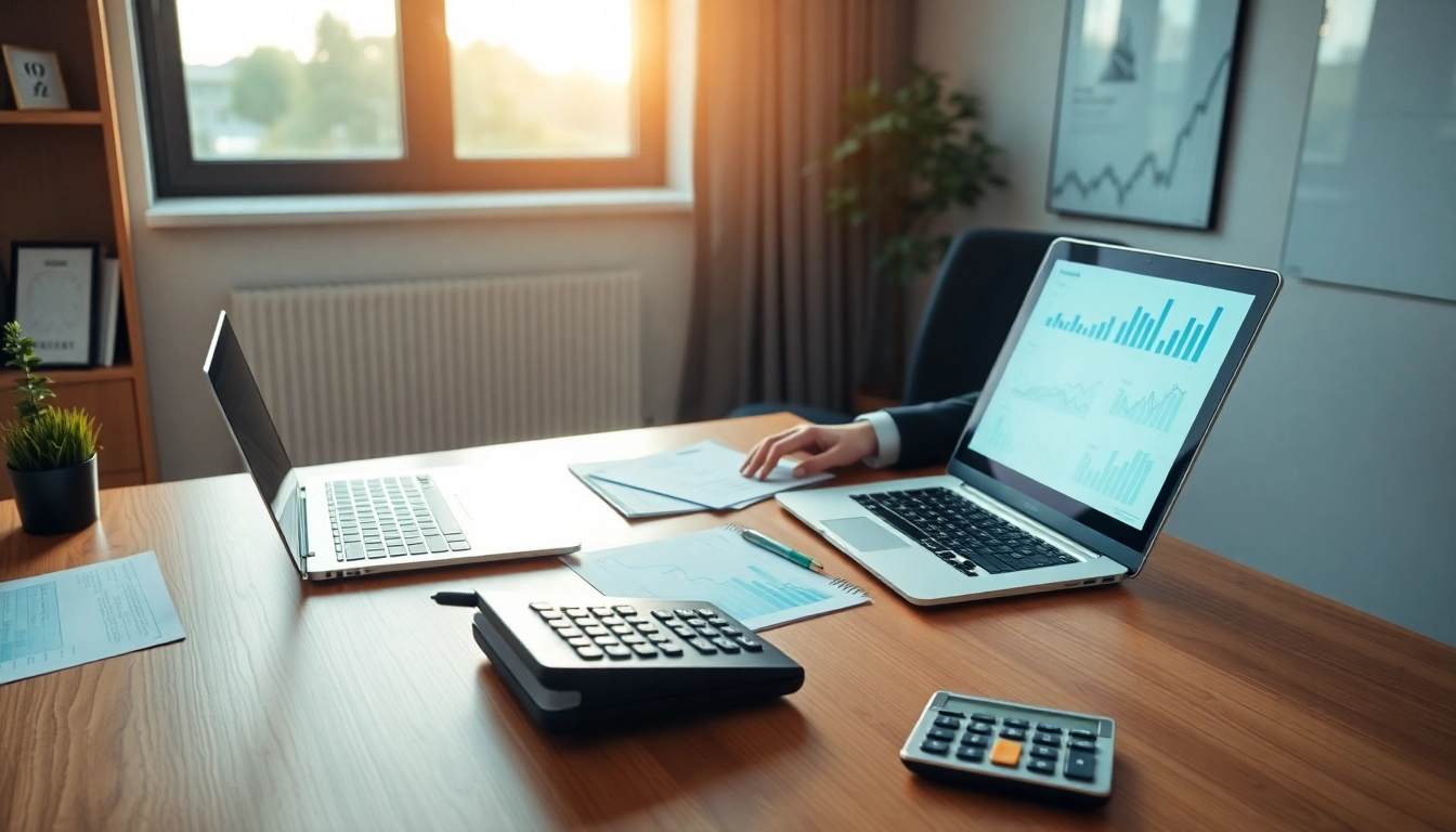 Profesjonalne biuro księgowe ilustrujące Usługi księgowe z osobą biznesową, dokumentami finansowymi i wykresami.