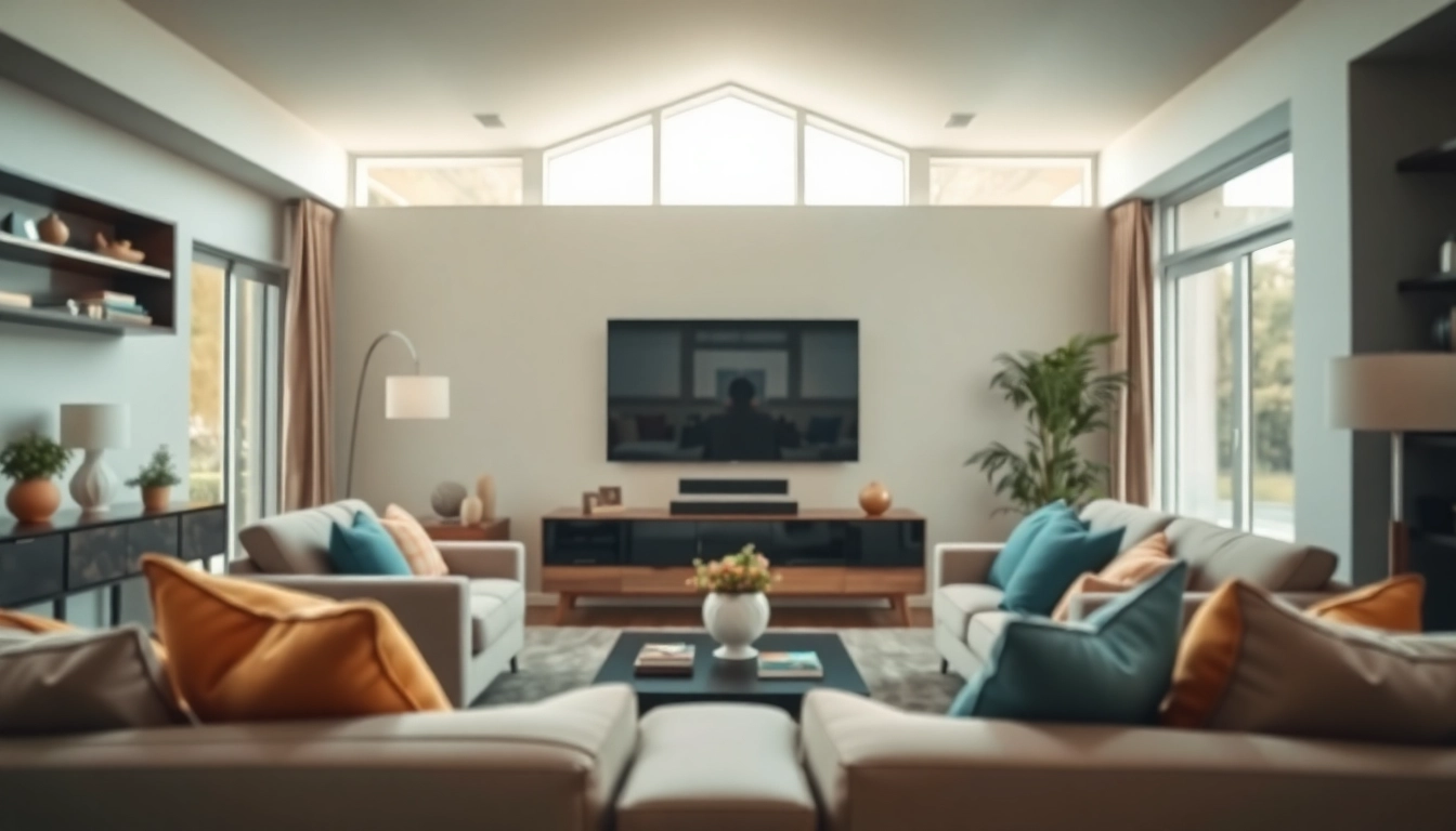 Telewizor 65 cali w nowoczesnym salonie, przytulnie urządzonym i pełnym światła.
