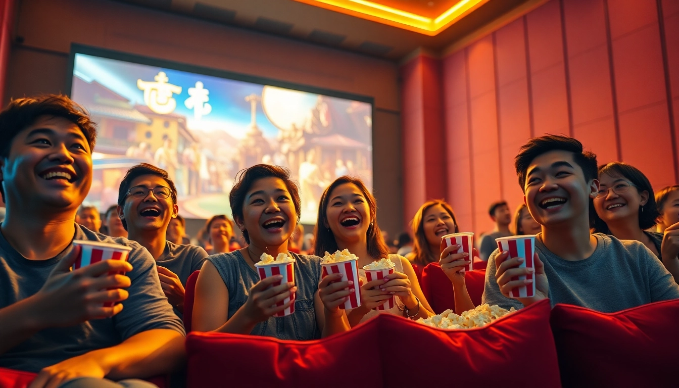 ดูหนัง ในโรงภาพยนตร์ที่มีผู้ชมสนุกสนานและเต็มไปด้วยความตื่นเต้น