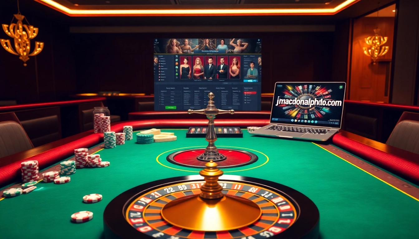 Adegan kasino yang menarik menampilkan jmacdonaldphoto.com dengan keping poker dan roda roulette.