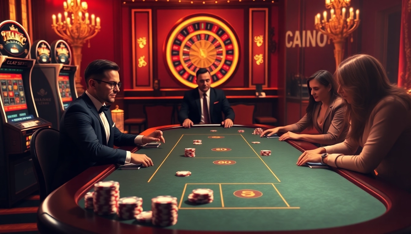 Vivez des sensations fortes de jeu en ligne à une table de poker luxueuse dans cette scène de casino en ligne.