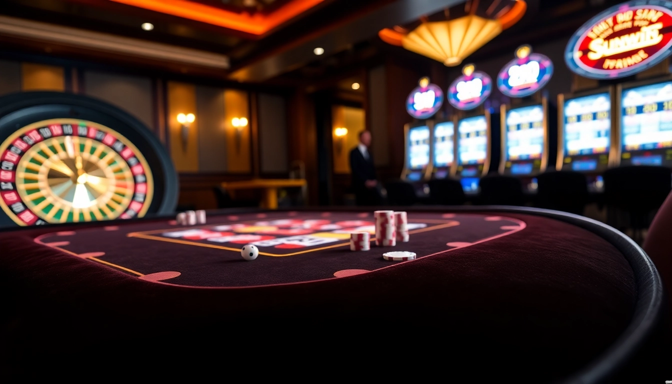 Experience thrilling gameplay with Sunwin at a luxurious casino table featuring vibrant poker chips and roulette.