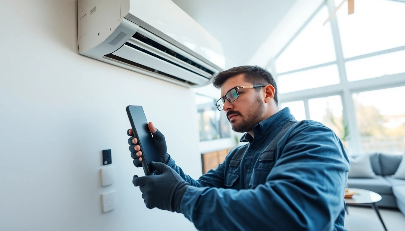 Alberta HVAC dealer technician inspecting a modern air conditioning unit in a home.