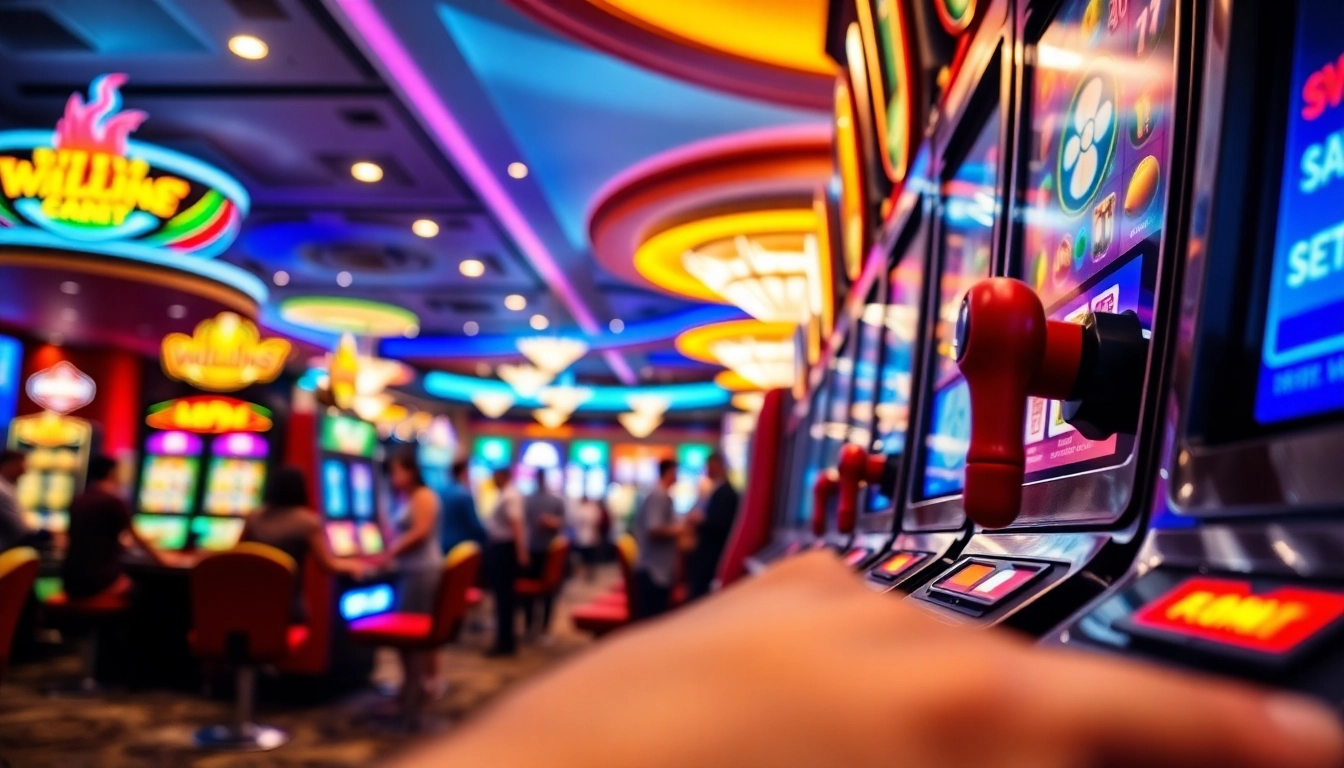 Menampilkan gamer menikmati igamble247 slot di ruang kasino yang memasang lampu cerah.