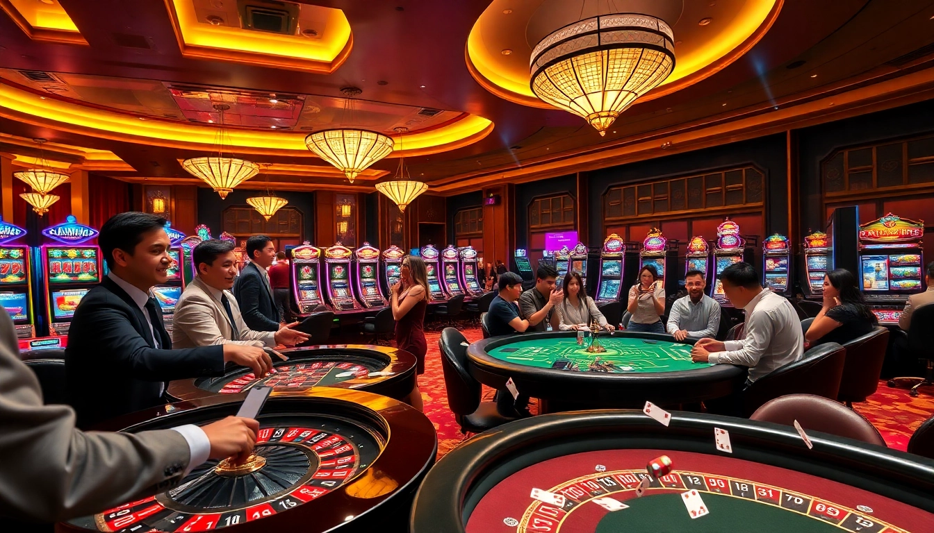 A thrilling gaming action scene at a "Nhà cái uy tín" casino with players engaged in poker and roulette.