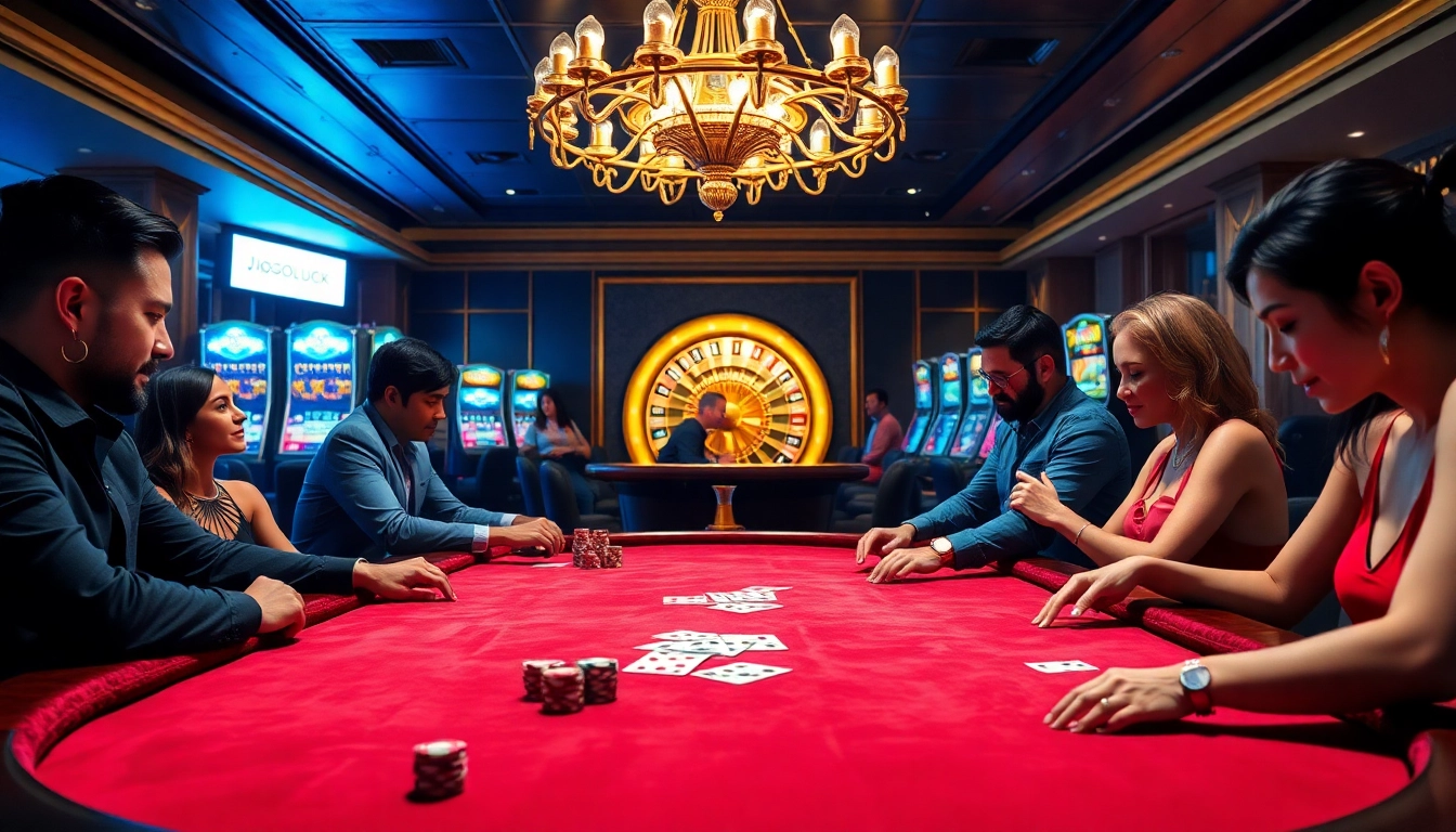 Exciting poker action at Jogoluck's luxurious casino scene, showcasing vibrant tables and intense gameplay.