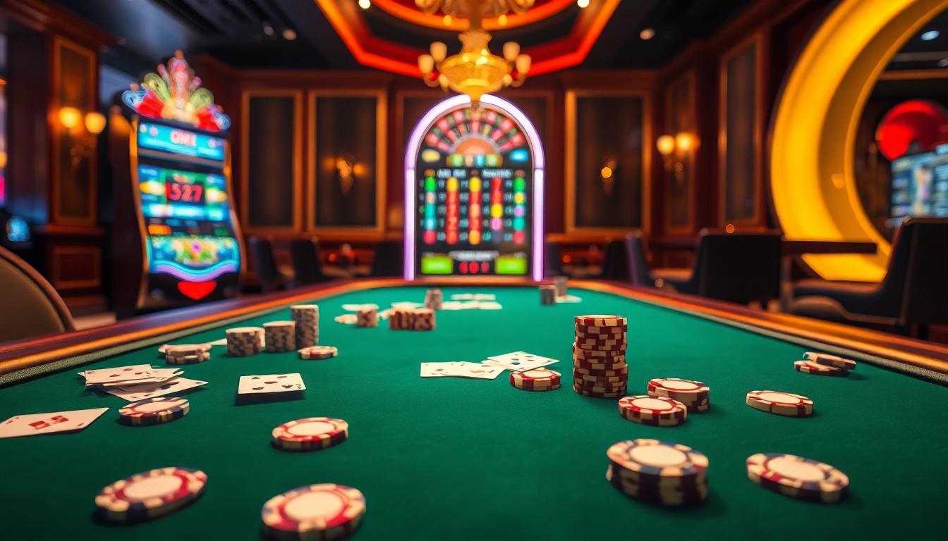 Découvrez le jeu de luxe dans un casino en ligne avec des lumières vives, des jetons de poker et une excitation intense.