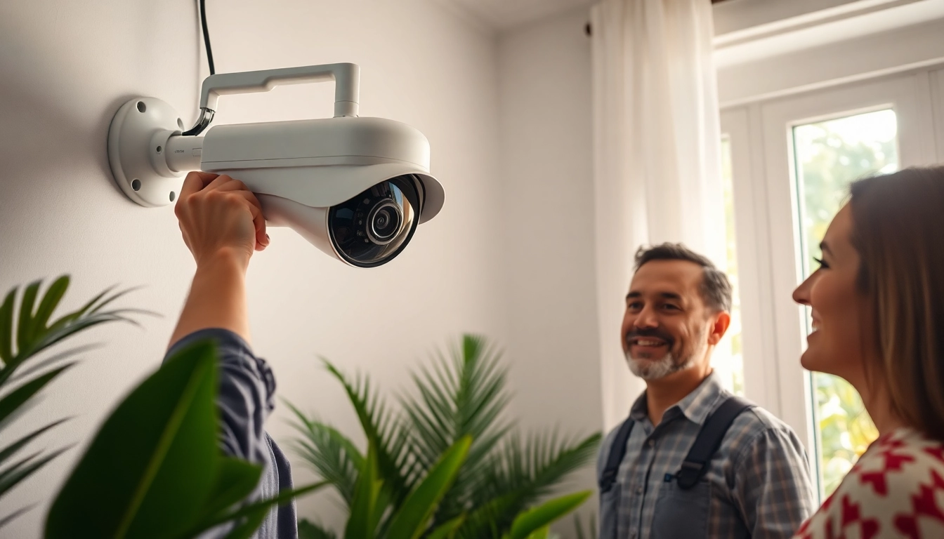 Instalación de cámaras de seguridad por un técnico en un negocio costarricense, destacando tecnología avanzada y satisfacción del cliente.