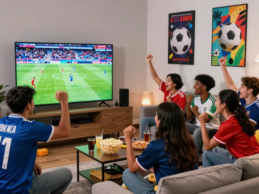 Cà Khịa TV live streaming football match with friends cheering in a cozy living room.