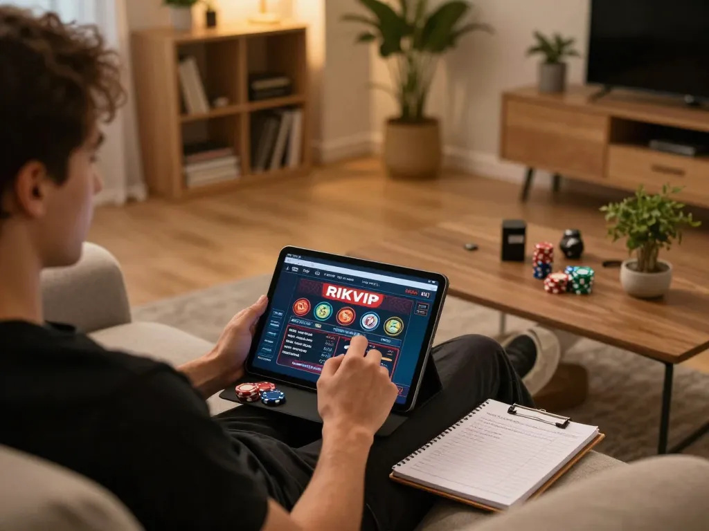 Engaging tablet gameplay on RIKVIP with poker chips and strategy notes in cozy home setting.