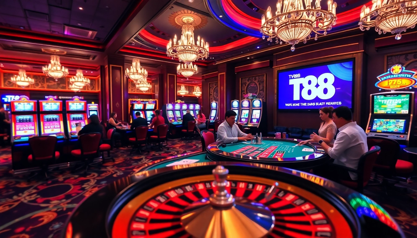 Experience the excitement of TV88 with vibrant casino visuals featuring roulette and slot machines.