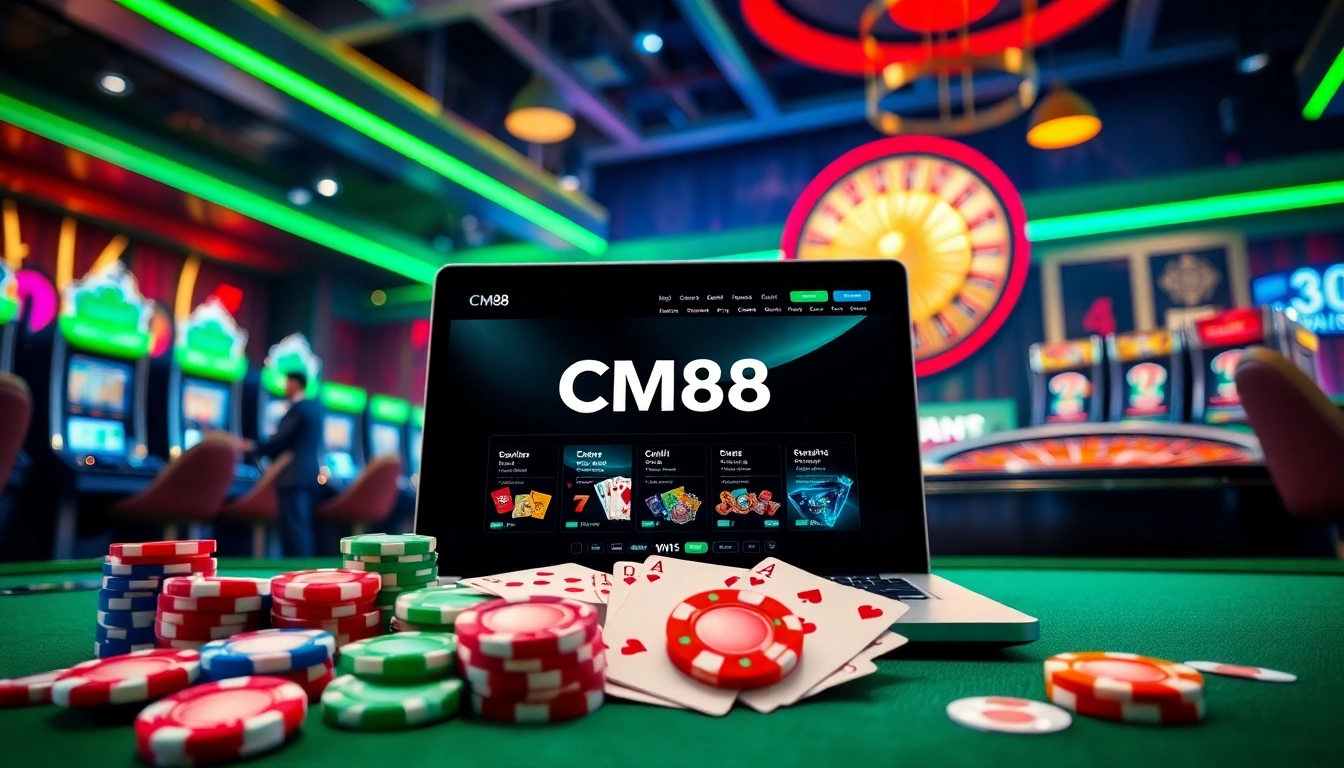 Engaged players enjoying the CM88 gaming experience with vibrant casino elements.
