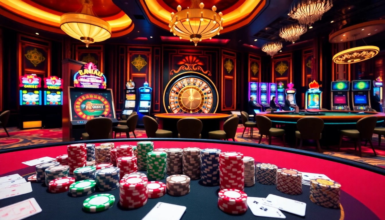 A thrilling casino scene with players enjoying games and slots, showcasing the vibrant XXGG gambling experience.