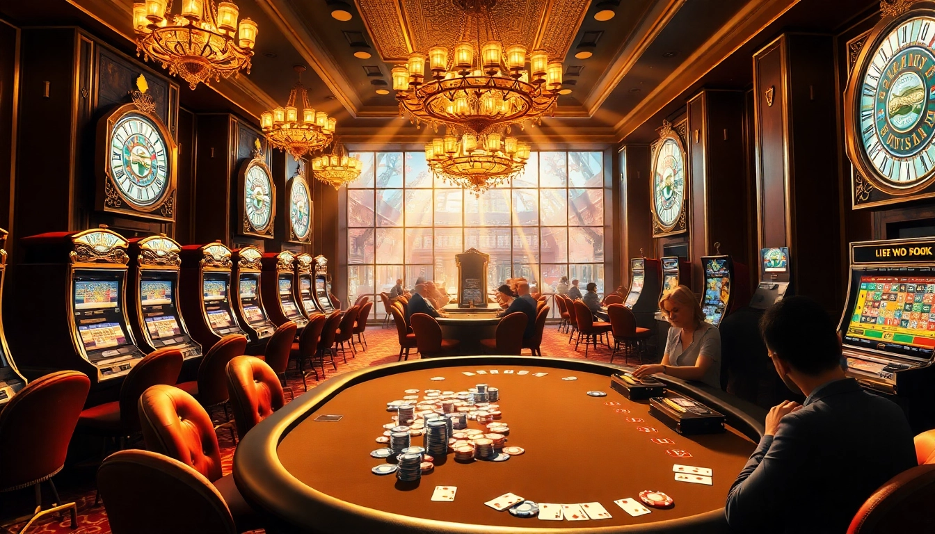 Experience the thrill of sunwin at a vibrant casino filled with slot machines and poker tables.