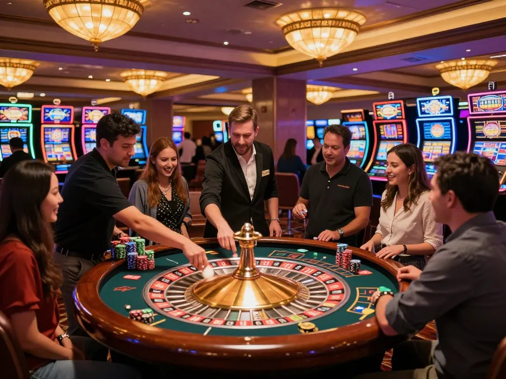 Engaged players at a roulette table in a lively casino, showcasing the thrill of winning with 5699