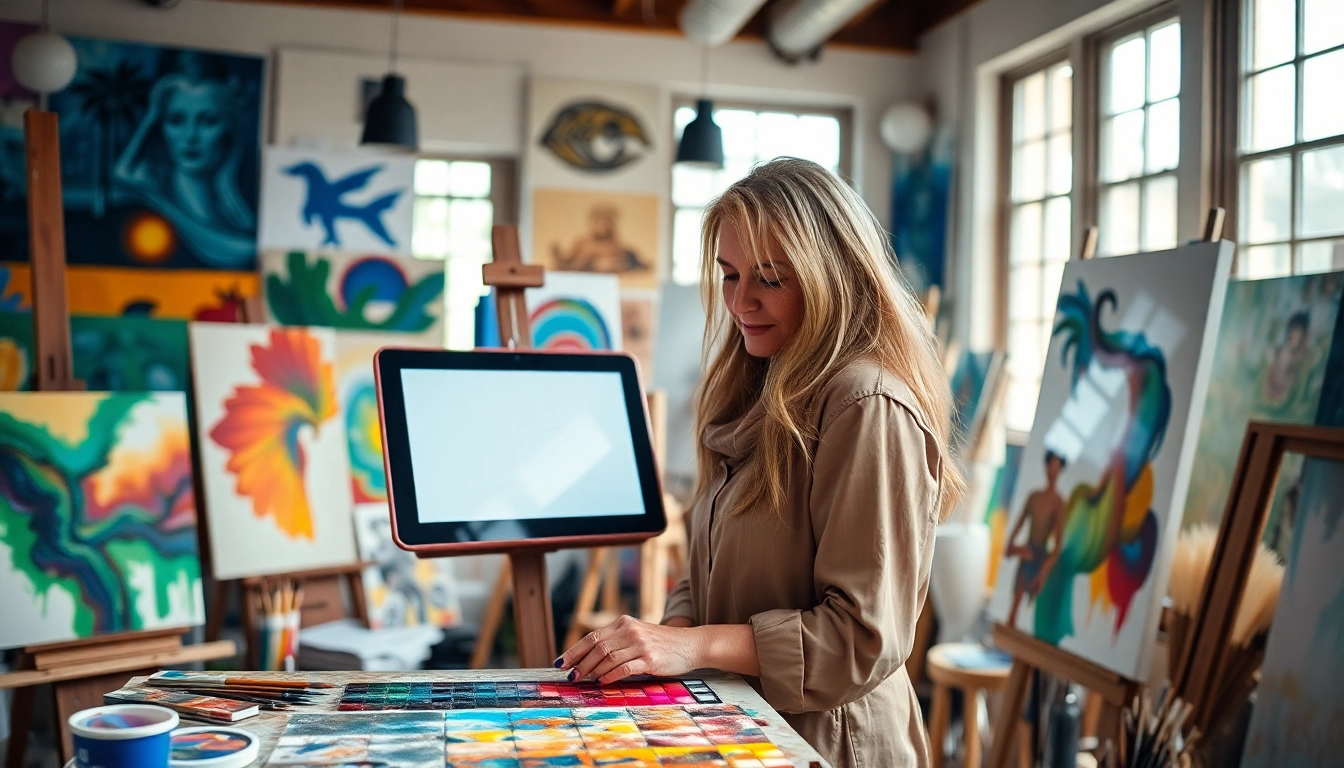 Artist generating detailed image to prompt in a vibrant studio