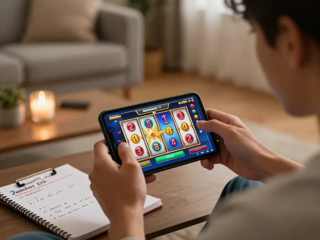 Engaging moment of a player using mobile casino app for slot deposit 2rb, tracking game strategy in cozy home setting.