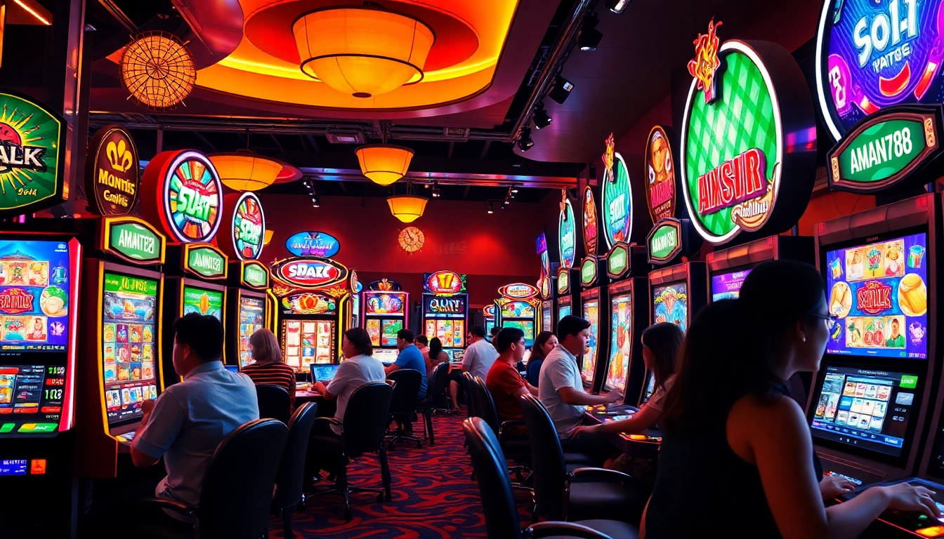 Experience the thrill of AMAN788 with vibrant slot machines in a lively casino.