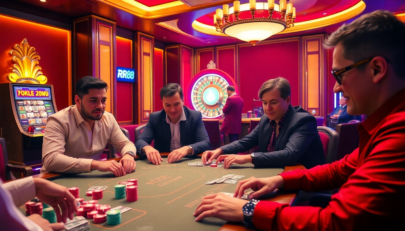 Players enjoying a high-stakes card game at RR88 casino with vibrant poker chips and roulette wheel.