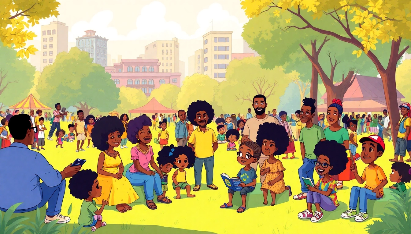 Vibrant scene highlighting African American Cartoons featuring diverse characters in a sunny park.