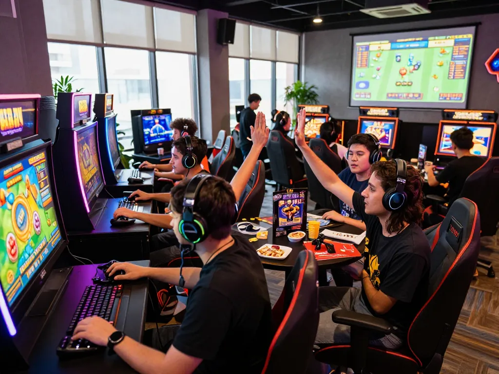 Laoban188 ruang permainan yang hidup dengan pemain menikmati mesin slot dan suasana yang meriah