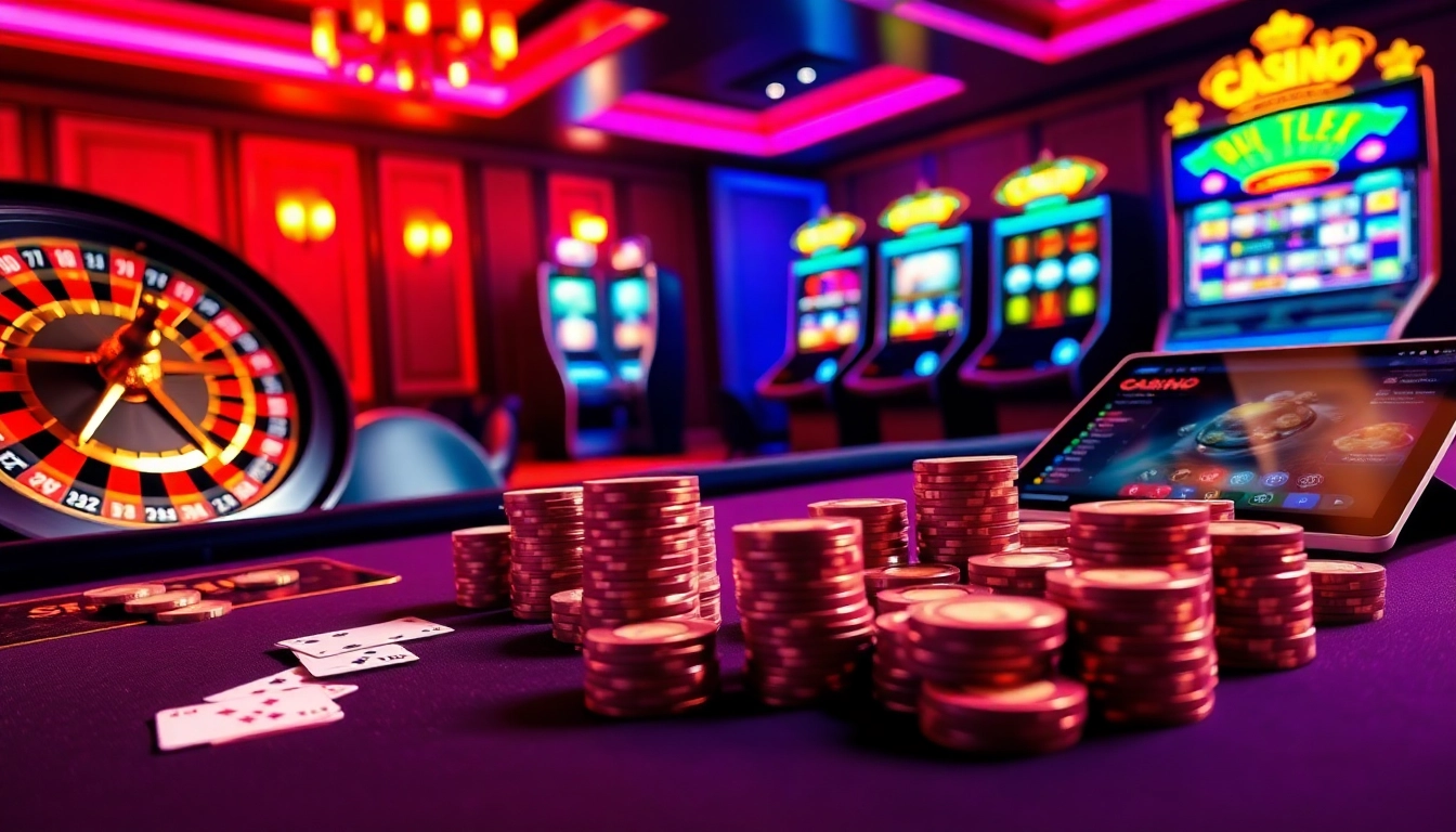Scène de casino en ligne excitante avec poker, roulette et éléments de jeu vibrants pour casino en ligne.