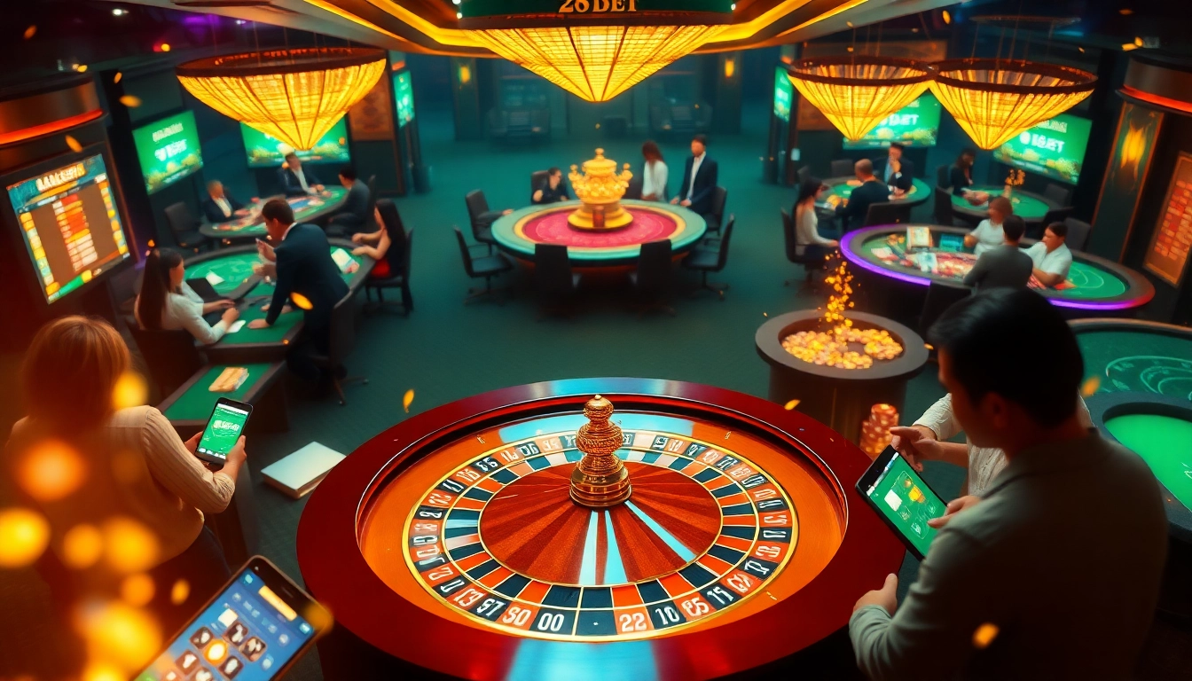Engaging gamblers at a luxury casino scene featuring 28bet with roulette and modern betting interfaces.