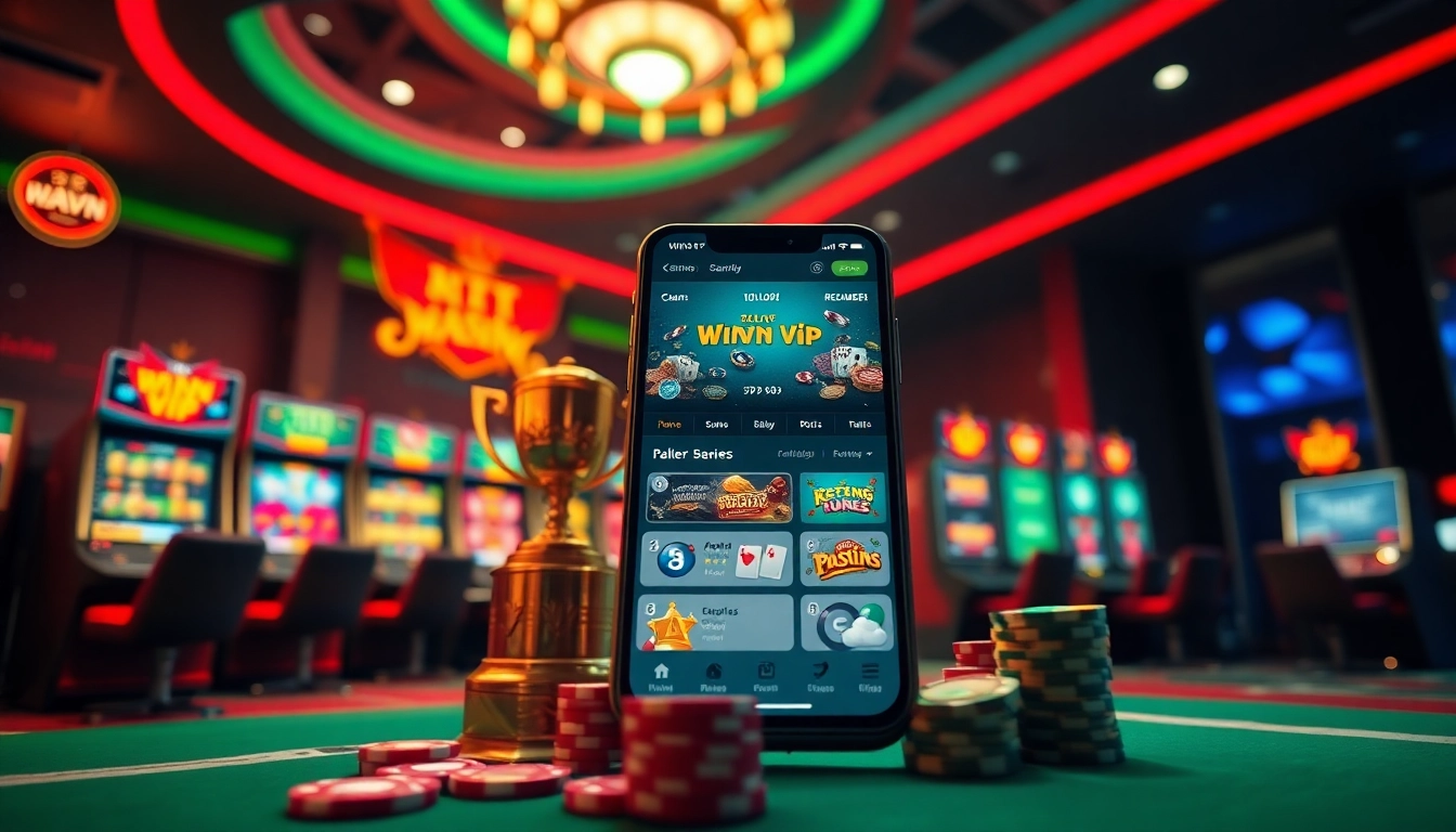 Winvn vip mobile interface showcasing exciting casino games and promotions in a vibrant design.