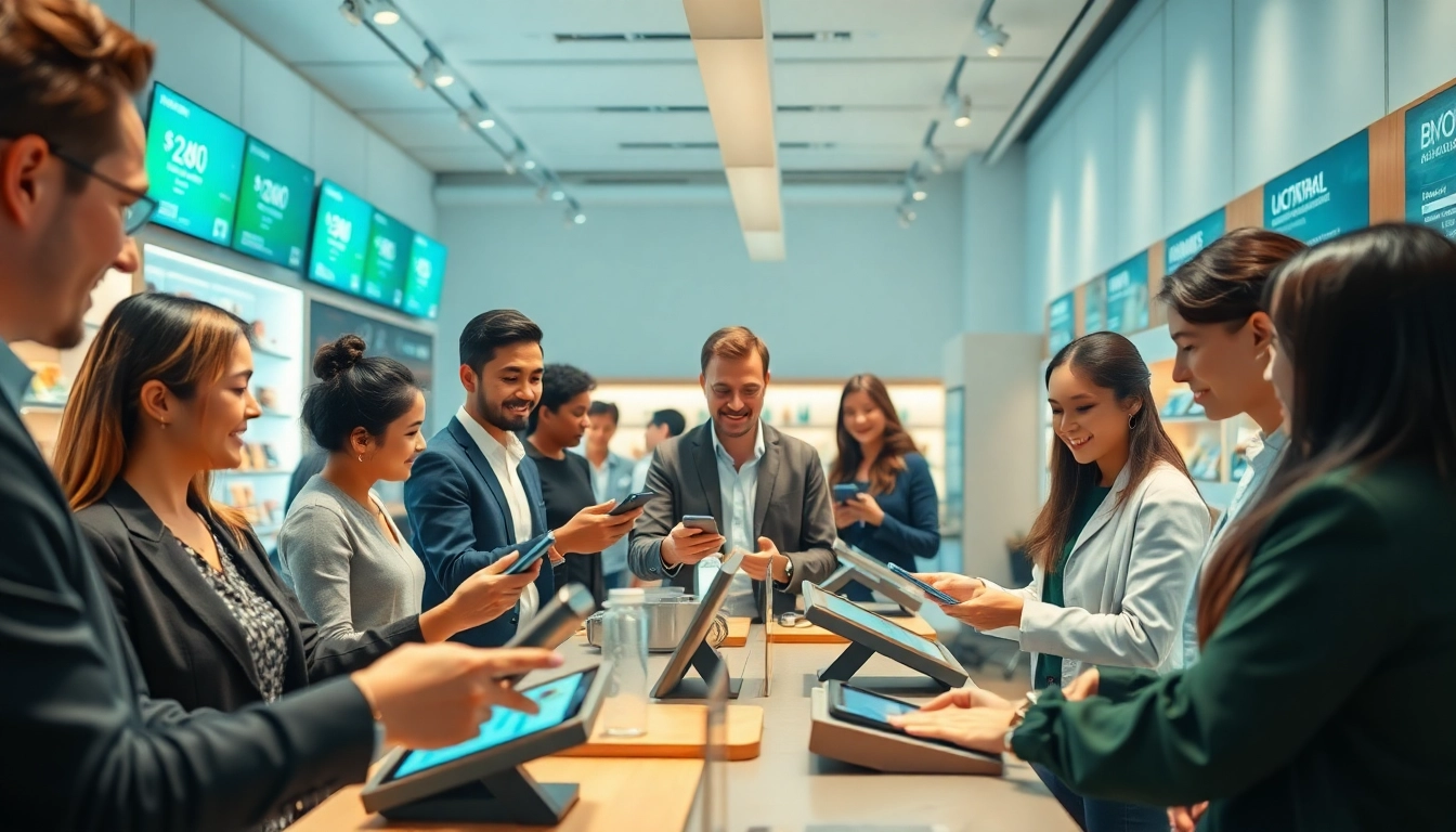 高度な技術を備えた現代の小売環境におけるキャッシュレス決済ソリューションと、笑顔の顧客たち。