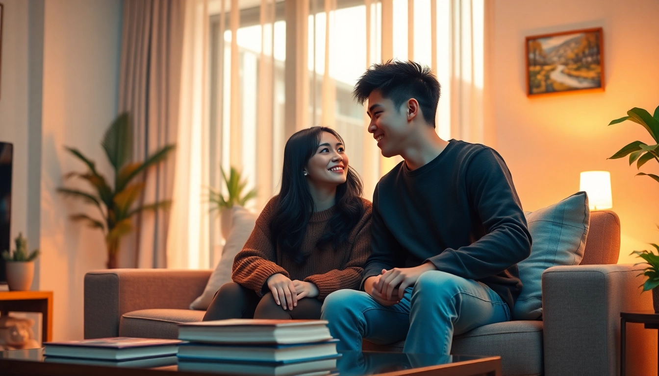 居心地の良いリビングで親密な瞬間を楽しむ若いカップル。逆NTR好きな彼女のテーマを反映した、パステルカラーと柔らかな照明。
