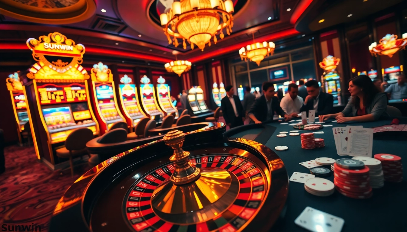 Experience the thrill of sunwin gambling with an engaging casino scene featuring roulette and poker.