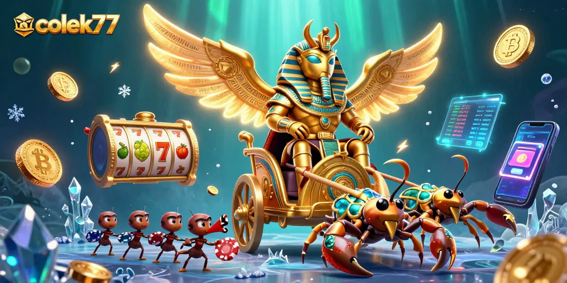 Join the excitement with colek77 slots, featuring a golden scarab and scorpions in this vibrant casino scene.