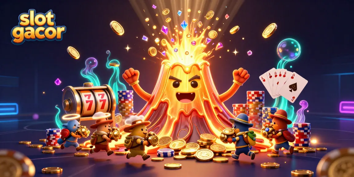 Win big with slot gacor as 3D cartoon volcano erupts coins and treasures in a thrilling casino scene.