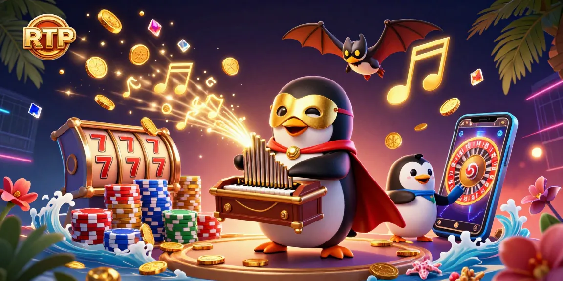 Experience RTP with dynamic slot action featuring a cartoon penguin, coins, and vibrant casino elements.