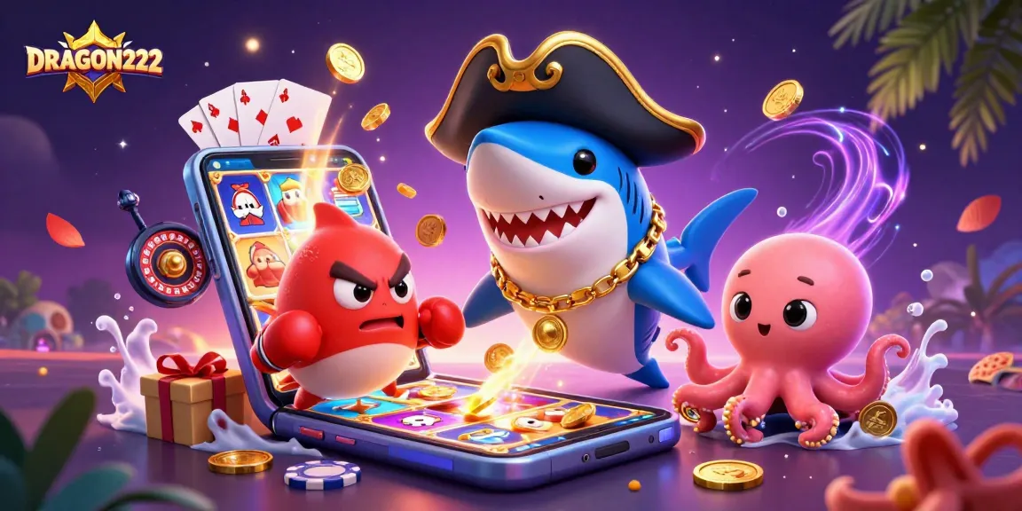 Engage with the thrilling world of DRAGON222, featuring playful characters amidst dynamic gaming elements.