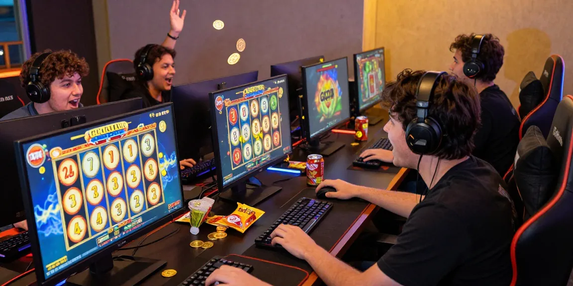 Exciting slot gacor gaming scene with players celebrating wins and engaging with colorful online slot games.