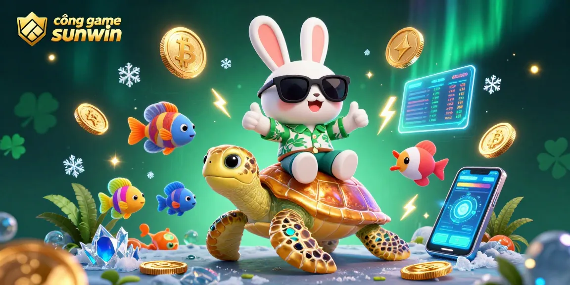 Spin the reels at cổng game sunwin with a lucky rabbit and golden turtle in a vibrant 3D scene.