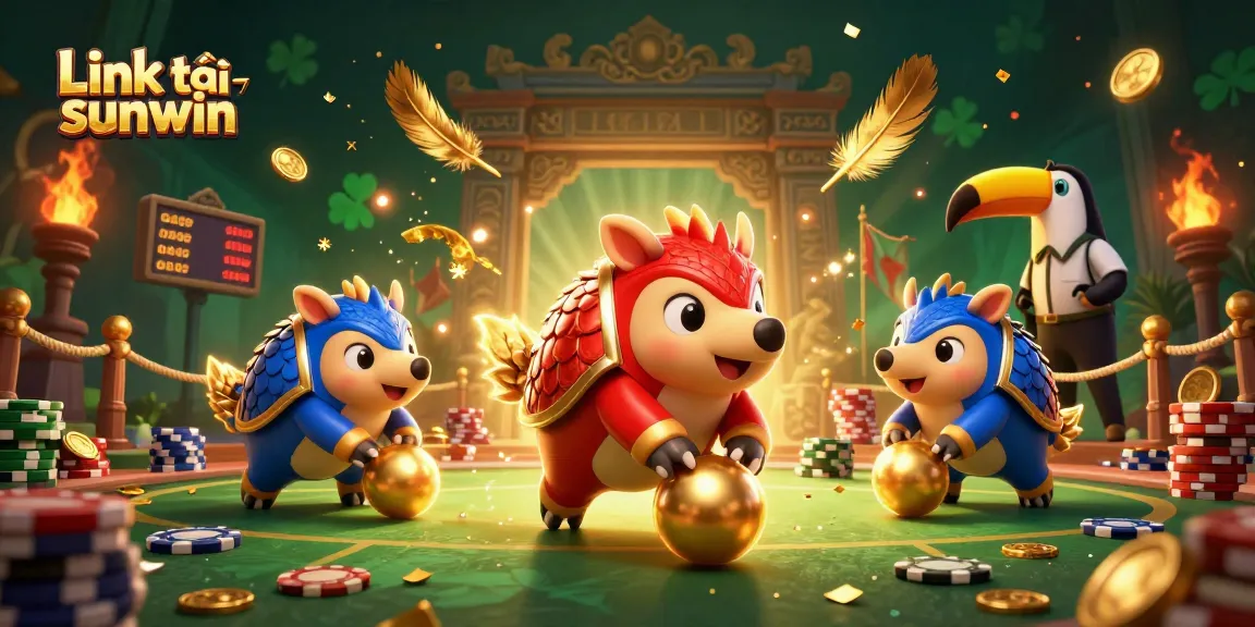 Link tải sunwin with pangolins in a dynamic casino scene amidst poker chips and golden effects